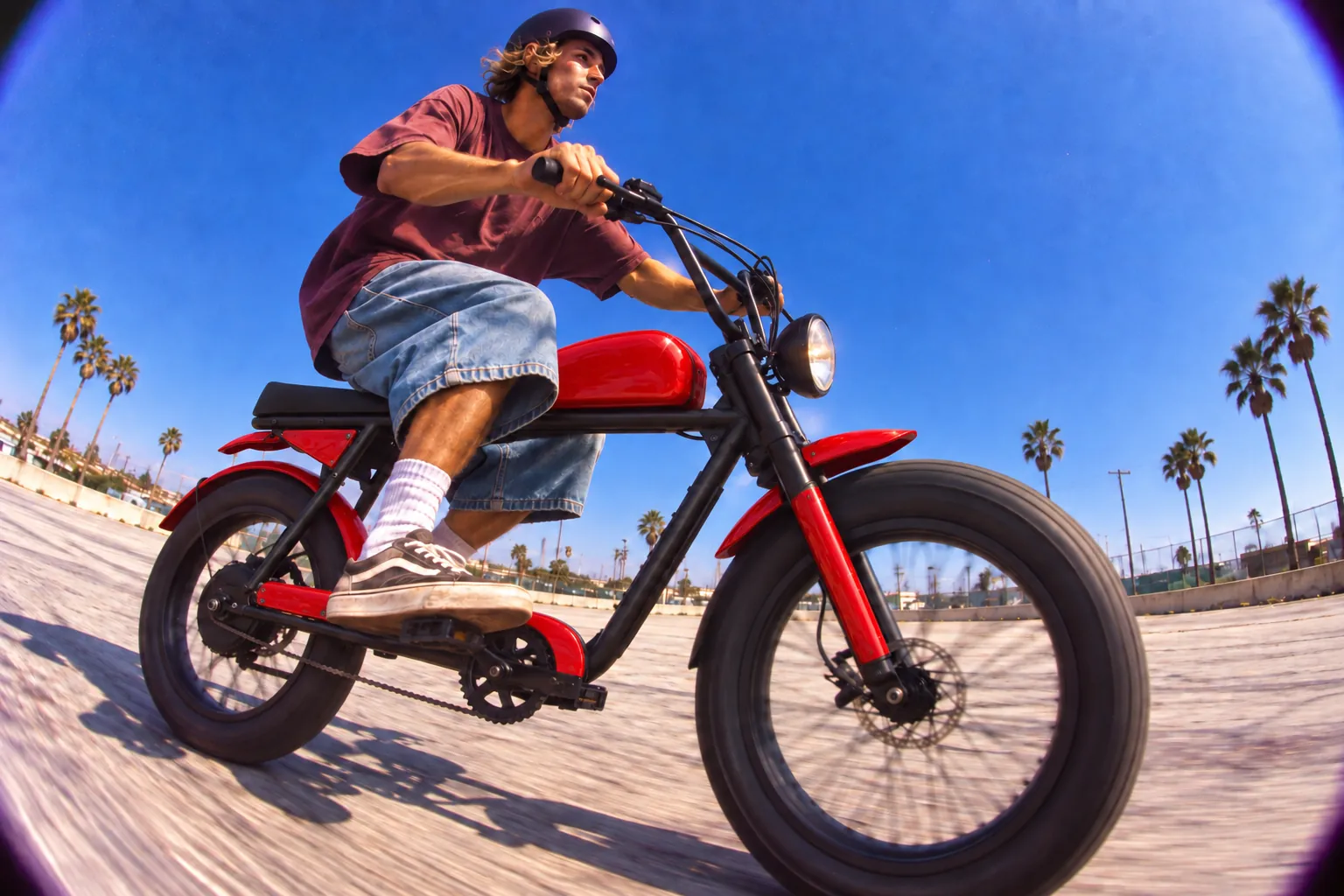 Rider on a red Super73 S2, fisheye