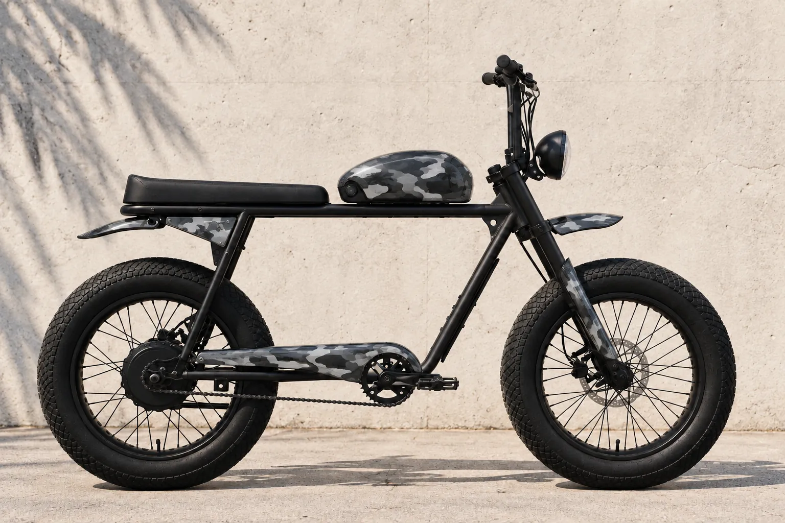 Black camo skin on a Super73 S2, side profile