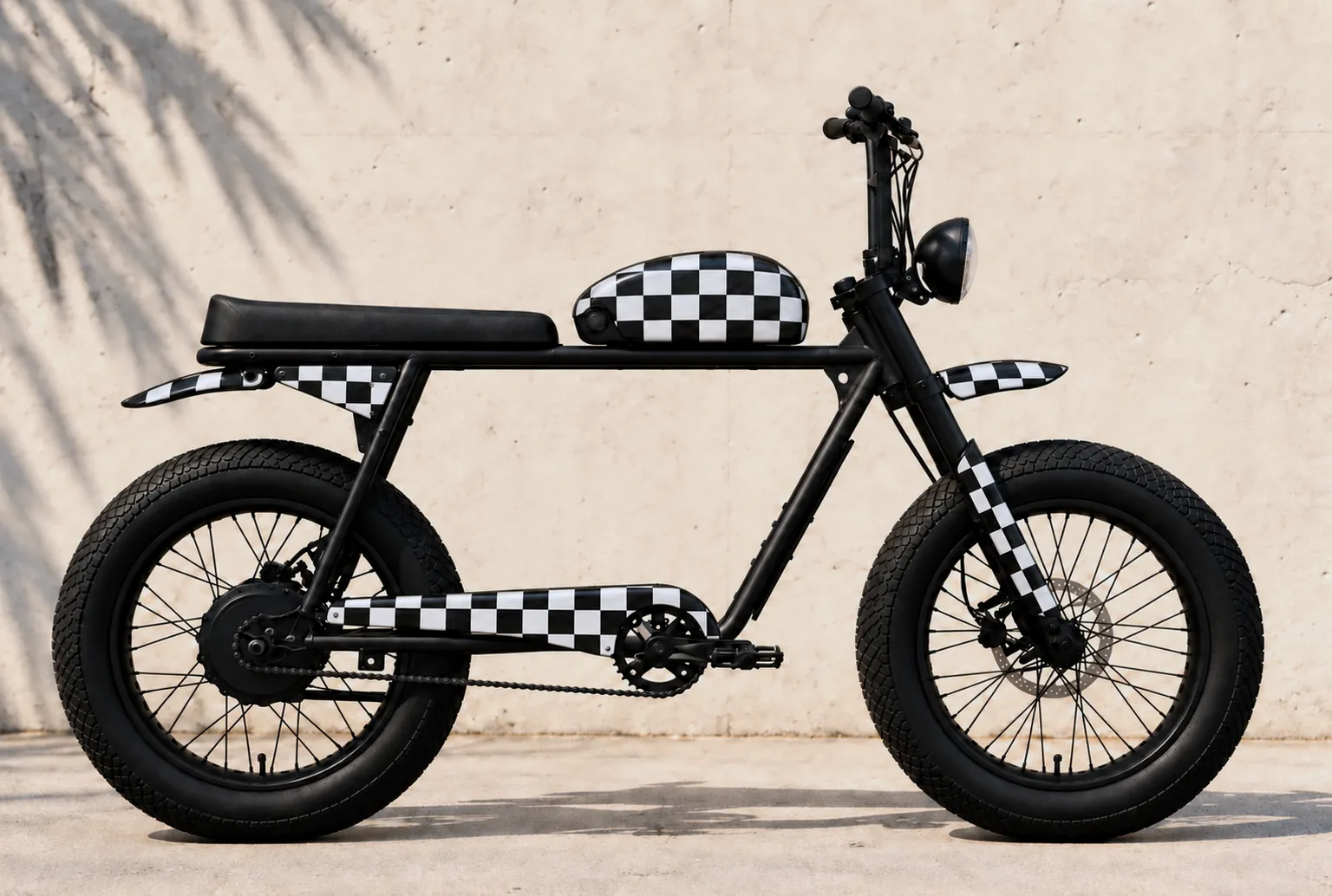 Black and white checkered skin on a Super73 S2, side profile