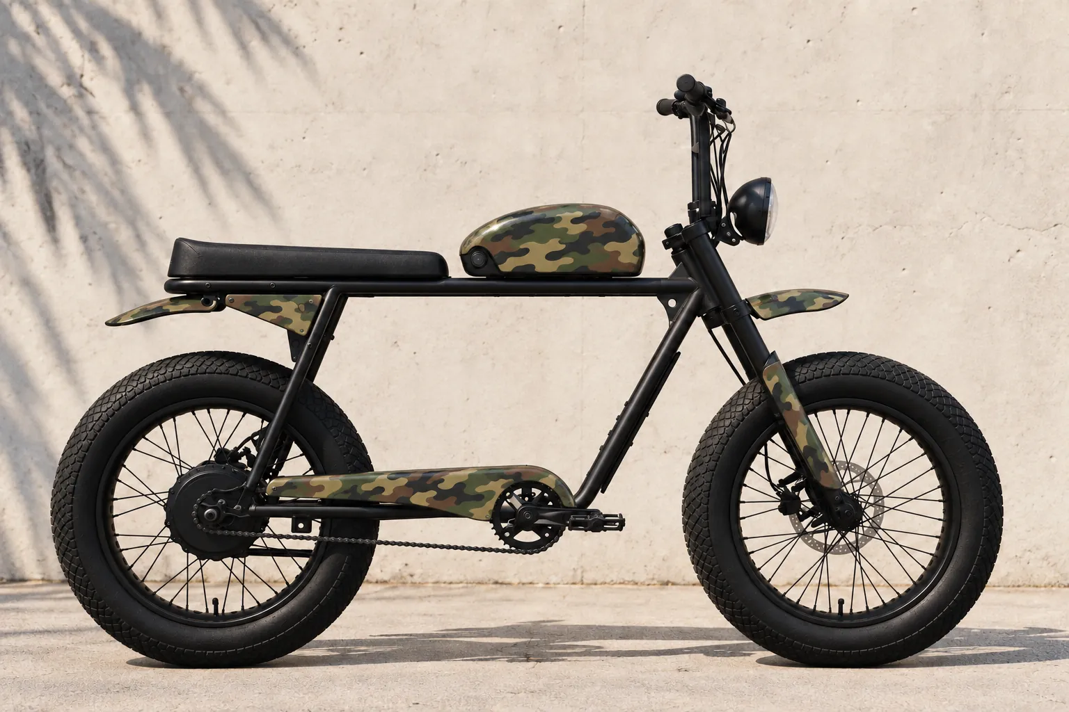 Woodland camo skin on a Super73 S2, side profile